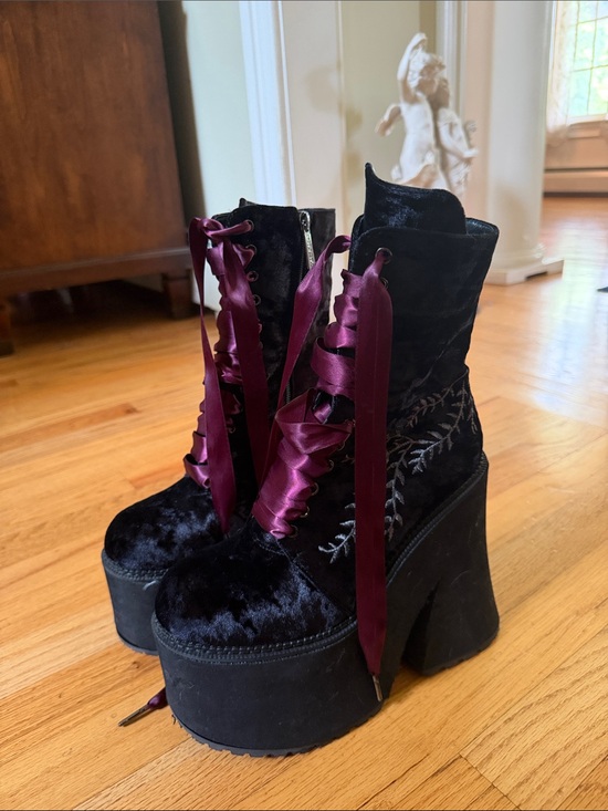 Killstar Shoes - Killstar Black Velvet Platform Ankle Boots with Burgundy Satin Laces